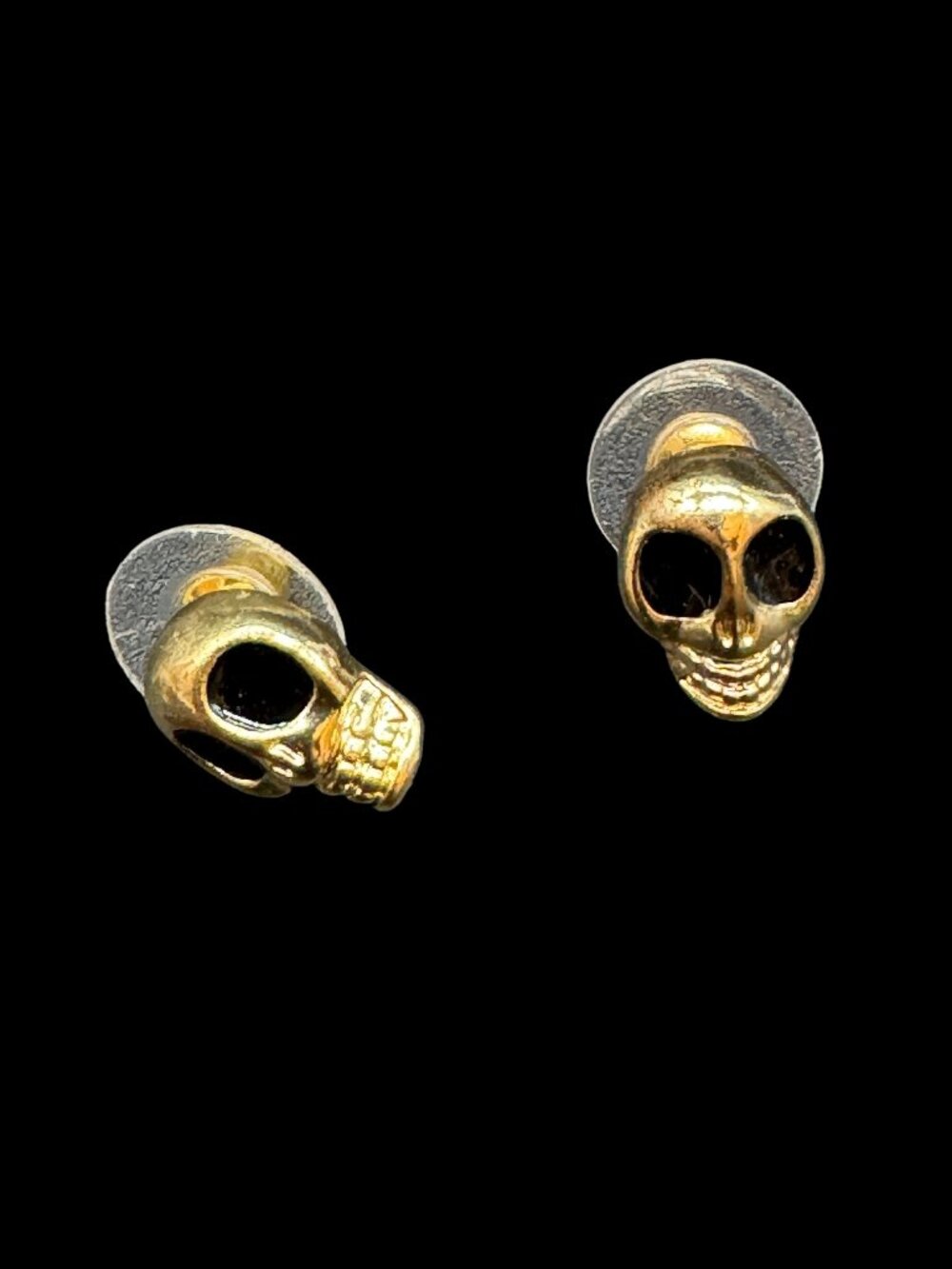 Gold Tone Pierced Earrings Skull Heads Small Gothic Halloween